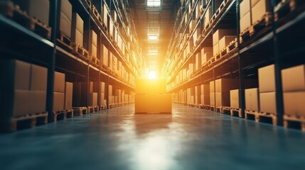 Fototapeta premium Warehouse aisles filled with goods, inventory tracking system visible on a digital screen