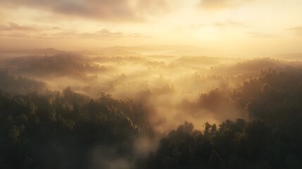 Fototapeta premium Golden Sunrise Over Misty Forest Landscape