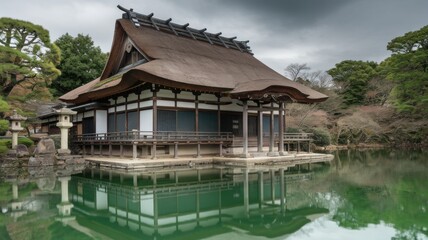 Fototapeta premium Traditional Japanese temple with lanterns, ornate wooden architecture, and serene surroundings, overlooking a calm landscape.