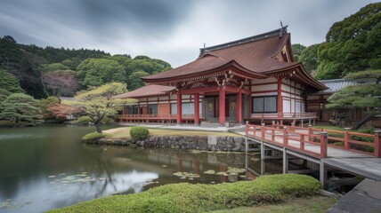 Obraz premium Traditional Japanese temple with lanterns, ornate wooden architecture, and serene surroundings, overlooking a calm landscape.