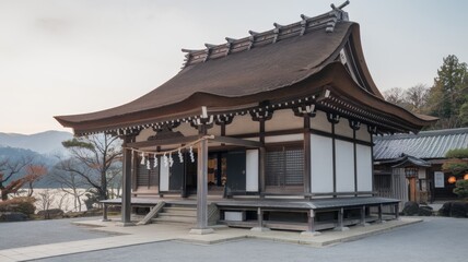 Fototapeta premium Traditional Japanese temple with lanterns, ornate wooden architecture, and serene surroundings, overlooking a calm landscape.