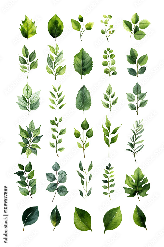 Poster collection with watercolor green leaves isolated on transparent background. summer and spring trees 
