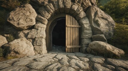 Mysterious cave interior with dramatic stalactites and stalagmites, warm earthy tones, and soft natural light illuminating the rugged rocky textures.
