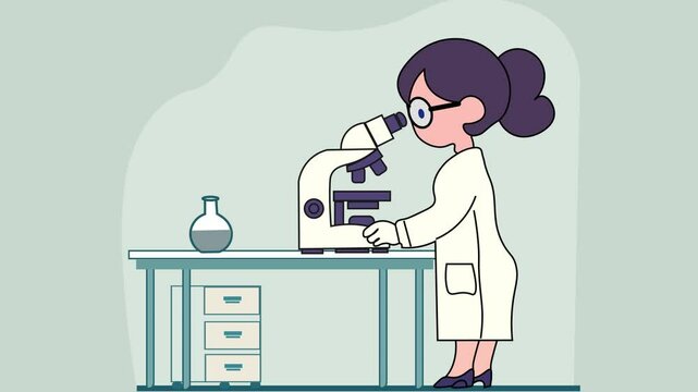 Animation of Female Cartoon Doctor Examining Cells Test Under Microscope in Research Laboratory. Illness Cure Research. Medicine Analysis and Science Concept Animated cartoon