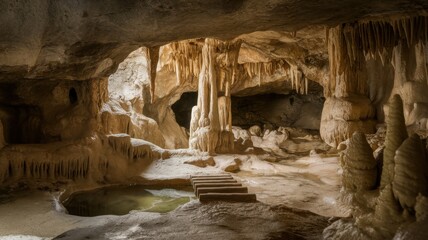 Mysterious cave interior with dramatic stalactites and stalagmites, warm earthy tones, and soft natural light illuminating the rugged rocky textures.