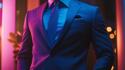 Businessman wearing suit and tie in neon light