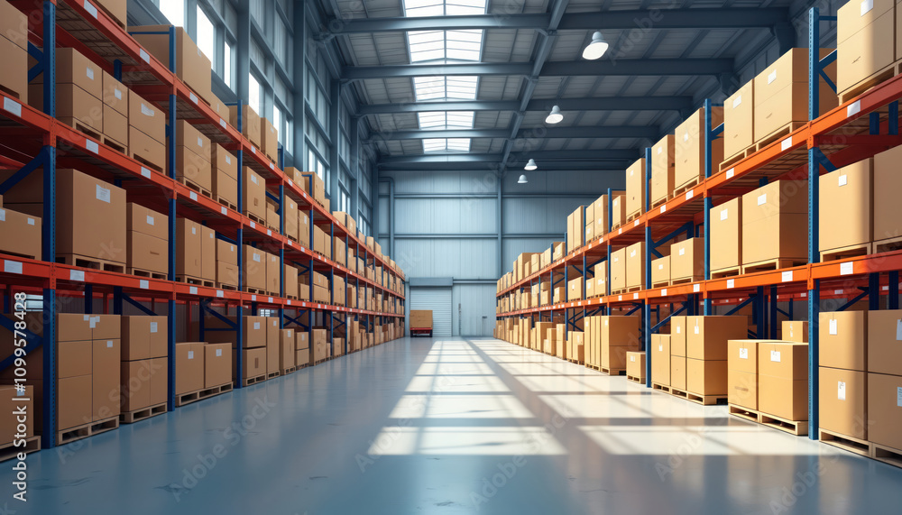 Poster spacious warehouse interior displays organized rows of shelves filled with cardboard boxes. modern s