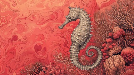 Fototapeta premium Seahorse in coral reef, artistic illustration.