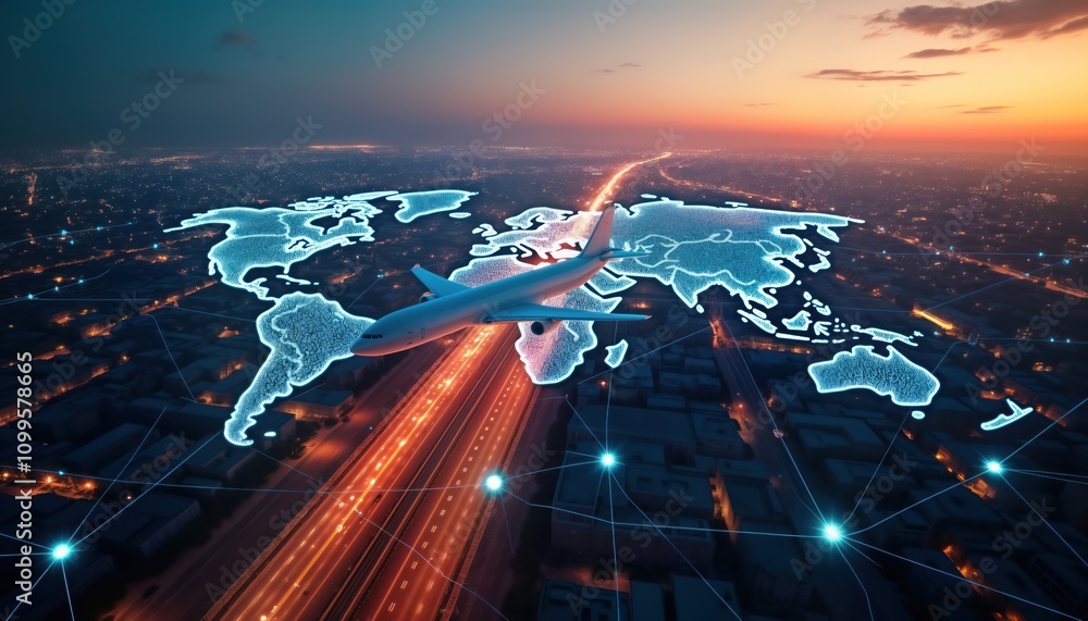 Poster airplane flies above global digital map glowing at sunset. global communication represented by conne