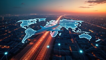 Airplane flies above global digital map glowing at sunset. Global communication represented by connections around world. Cityscapes visible below. Aerial view shows interconnectedness. Futuristic