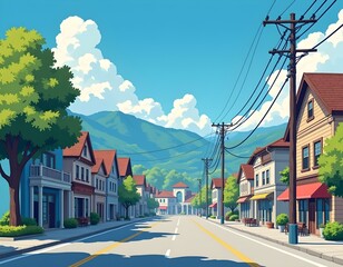 Naklejka premium Charming Small Town Main Street with Mountain Backdrop