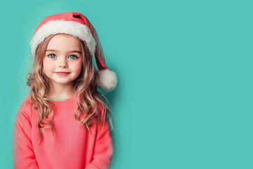 Girl wearing a Santa hat on teal background with copy space.