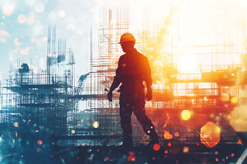 Abstract digital background banner with construction worker, the risk of industrial injury


