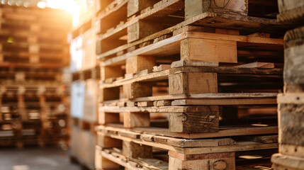 Stacked Wooden Pallets in a Sustainable Factory Warehouse. Efficient Cargo Shipping and Resource-Conscious Supply Chain Practices. Logistics, Transportation, and Eco-Friendly Supply Chain Management.