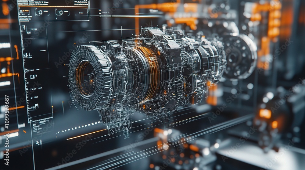 Poster advanced 3d cad design by engineer in modern digital workspace