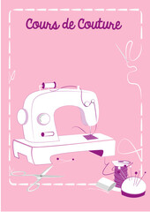 Visuel pour affiche, pour cours de couture blanc et rose - matériel de couture et machine à coudre sur fond rose