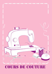 Visuel pour affiche, pour cours de couture blanc et rose - matériel couture et machine à coudre sur fond rose
