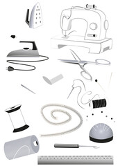 Illustration - Set d'outils matériel de couture noir et blanc sur fond transparent