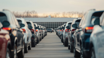 A used car sale and rental service with an outdoor parking lot full of vehicles and a dealership in the background. Automotive market. the automotive industry's growth and business opportunities.