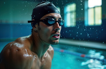 Focused swimmer getting ready for intense training session by pool. Athlete concentrating on upcoming dive. Professional swimmer preparing for race. Aquatic sport, wellness photo. Determination,