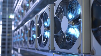 Cryptocurrency mining farm with cooling fans operating at full capacity