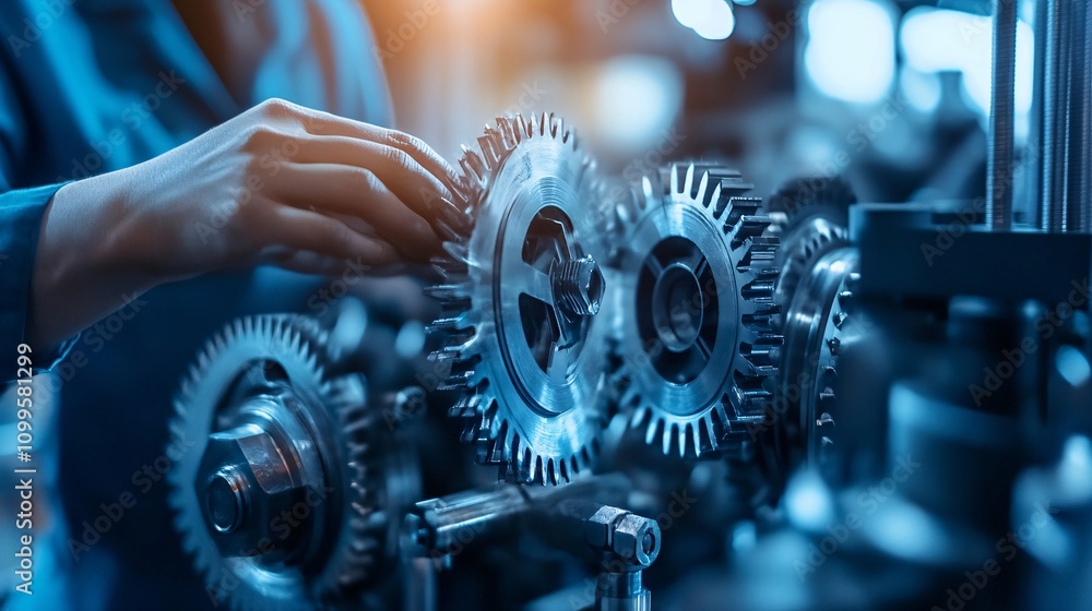 Aufkleber engineer working on industrial gears in a factory setting