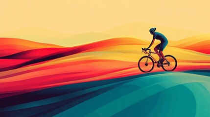 Fototapeta premium Cyclist riding road bike across colorful landscape.