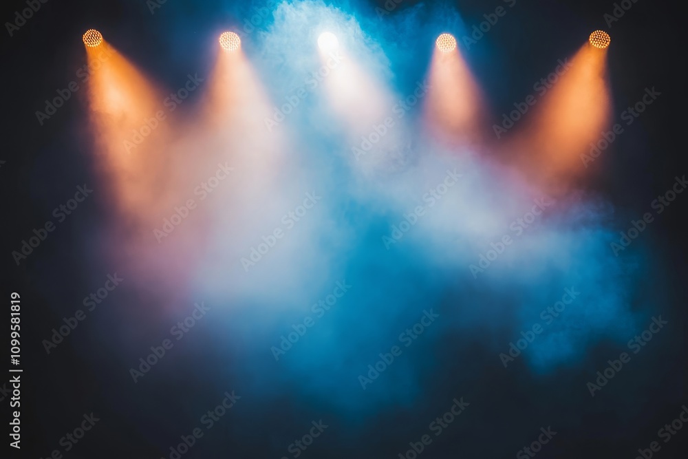 Poster bright stage lights illuminating misty background in diverse colors creating an atmospheric and ener