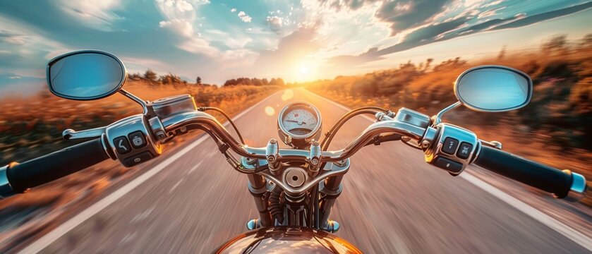 First-person motorcycle ride at 60mph on an open road at sunset. Handlebars visible, scenic sky with trees, creating a serene atmosphere.