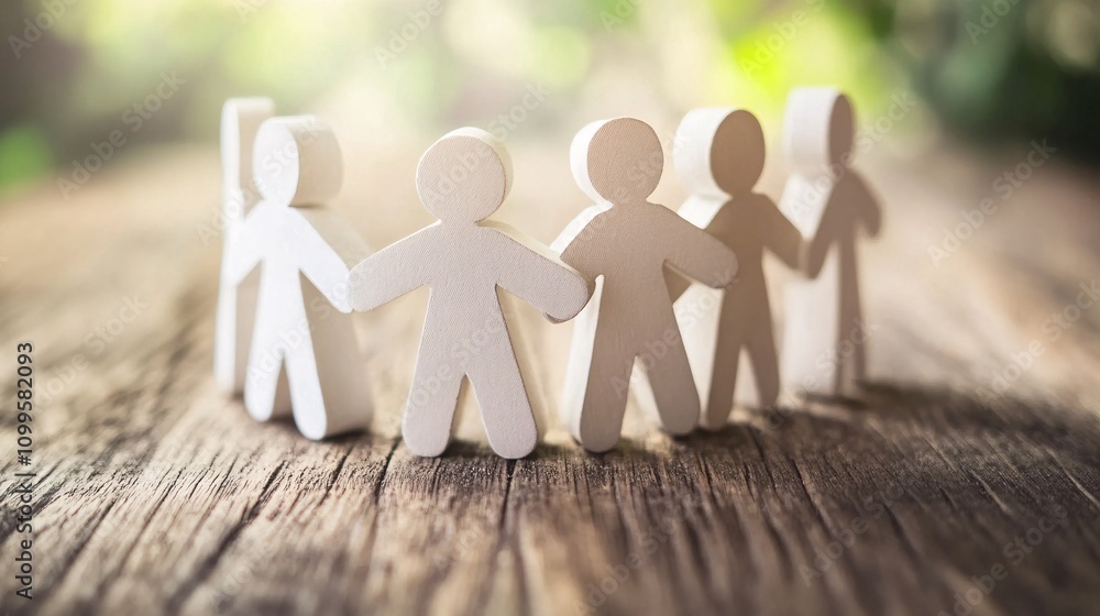 Poster Wooden figures holding hands in a circle symbolizing teamwork and unity