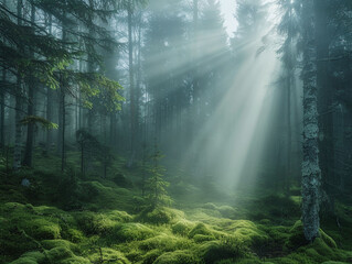 Obraz premium A tranquil Scandinavian forest scene with moss-covered stones, tall spruce trees, and a peaceful stream running through the lush greenery.