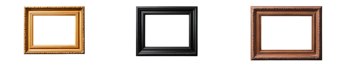 Fototapeta premium Three distinct picture frames in varying colors, transparent background.