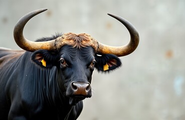 Close-up view of black bull head. Animal big brown horns, intense eyes. Bull stares directly at viewer. Animal features prominent in photo. Photo perfect for farm animals content. Used for