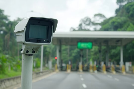 High-resolution image of a modern traffic monitoring camera positioned near a toll booth in a lush greenery environment, capturing the essence of transportation technology and road management.