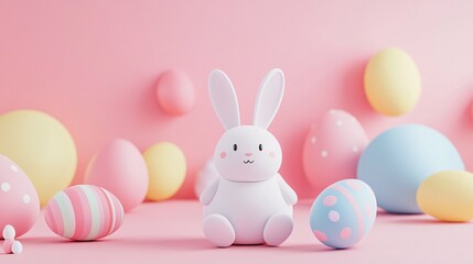 Obraz premium Cute easter bunny sitting with colorful eggs on pink background