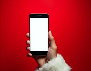 Image of hand of santa claus holding smartphone with blank screen and copy space on red background. Christmas, connection, technology, tradition and celebration concept.