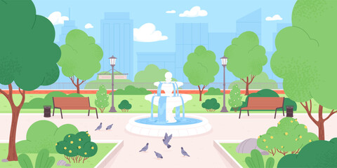 Urban park landscape. City square with fountain streetlights and benches, lawn and green tree. Public recreation nature area, racy vector scene © LadadikArt