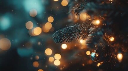 Fototapeta premium Snowy Pine Branch With Warm Christmas Lights