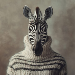 Fototapeta premium Stylish Zebra in Turtleneck Sweater, Striped Elegance, Animal Hybrid, Fashion Fusion, Surreal Portrait, Hyperrealistic Art