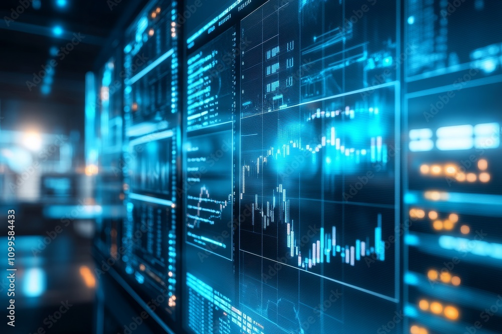 Aufkleber futuristic data visualization dashboard with stock market trends, financial graphs, and real-time an
