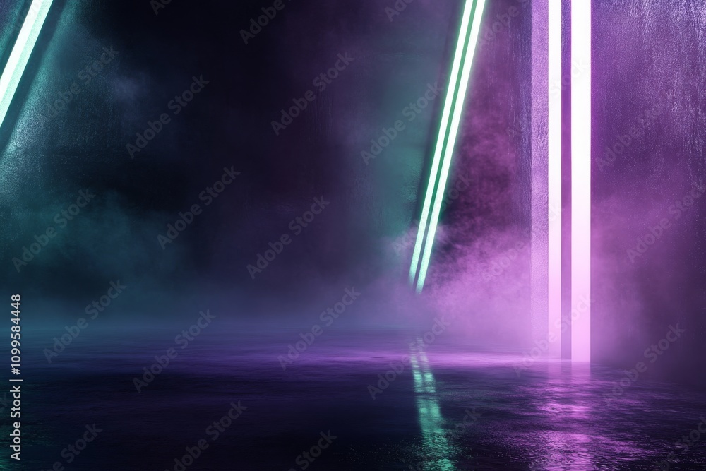 Poster futuristic abstract scene with neon lights and mist creating a dreamlike atmosphere suitable for sci