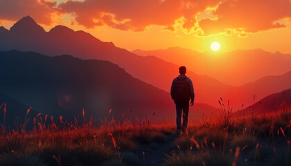Fototapeta premium Person walks in mountain field at sunset. Golden light fills sky. Scenic beauty. Calm, peaceful atmosphere. Adventure journey concept. Solitude. Warm colors. Hilly landscape. Quiet evening.