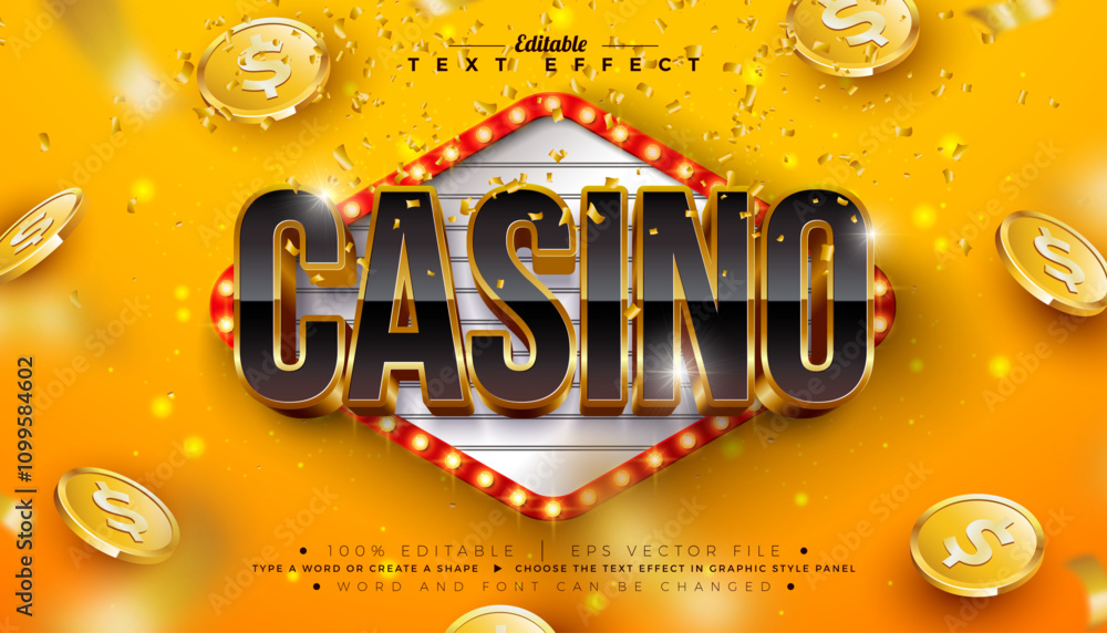 Fototapete casino 3d text effect design editable and scalable vector graphic style effect with shadow and gold 