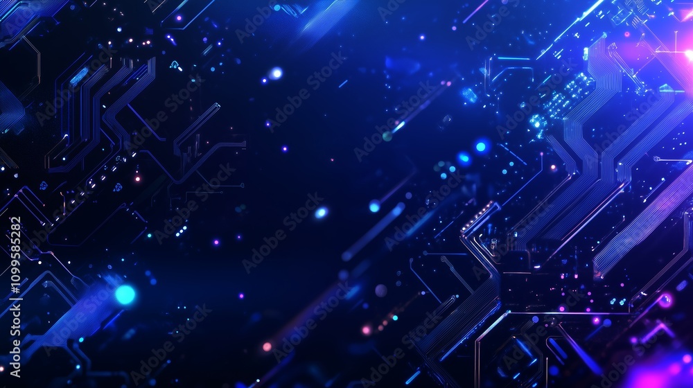 Poster glowing blue lines and patterns resemble a circuit board