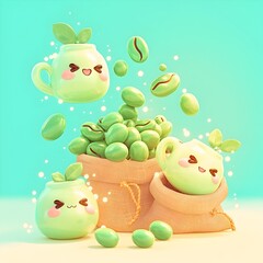 Obraz premium Whimsical 3D of Kawaii Coffee Beans Spilling from Burlap Sacks in Soft Pastel Palette