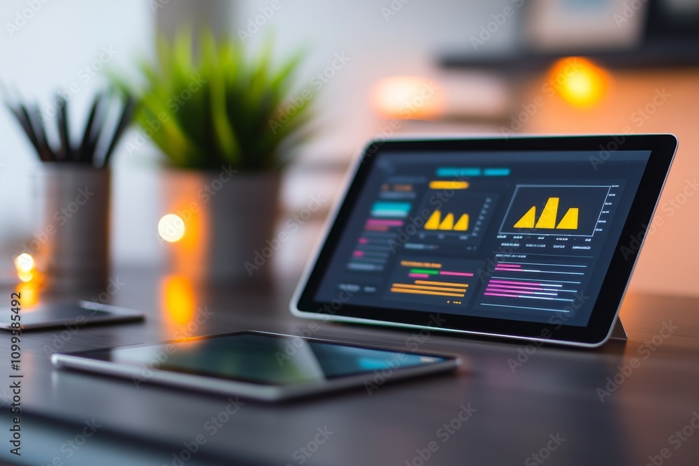 Poster modern digital workspace with tablet showcasing data visualization and analytics graphs, plant pot w