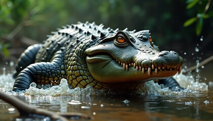 Obraz premium Huge crocodile swims in murky river water. Predator reptile lurks in nature. Large mouth opens wide. Closeup view shows dangerous animal. Exotic wildlife, tropical place. Big dangerous reptile in