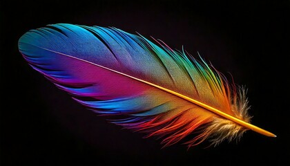 Obraz premium Multicolor floated feather of a bird; mix of blue, yellow, red, purple, green with black background