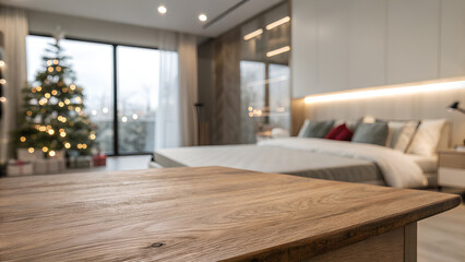 Fototapeta premium Empty wood table top on blurred modern bedroom background
