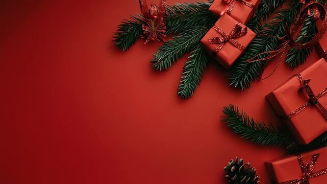 top view of red presents on red backgroud with copy space for text